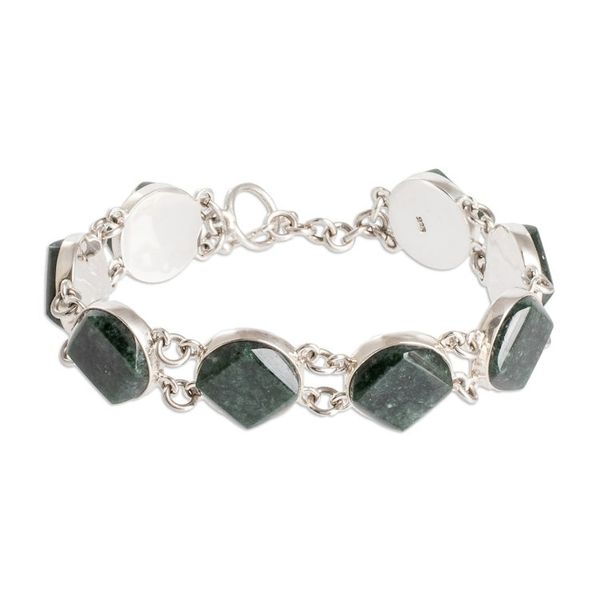 Alternate image for Sterling Silver Geometric Link Bracelet with Dark Green Jade Night Forest