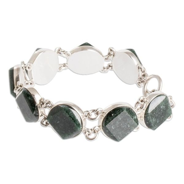 Alternate image for Sterling Silver Geometric Link Bracelet with Dark Green Jade Night Forest