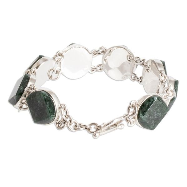 Alternate image for Sterling Silver Geometric Link Bracelet with Dark Green Jade Night Forest