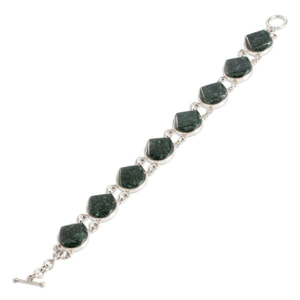 Alternate image for Sterling Silver Geometric Link Bracelet with Dark Green Jade Night Forest