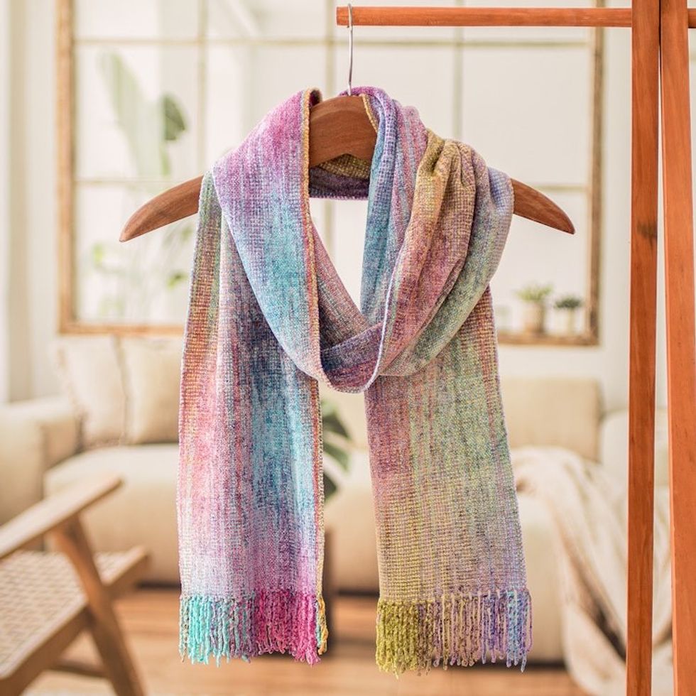 Handloomed Pastel-Toned Rayon Chenille Scarf with Fringes 'Pastel Dream'