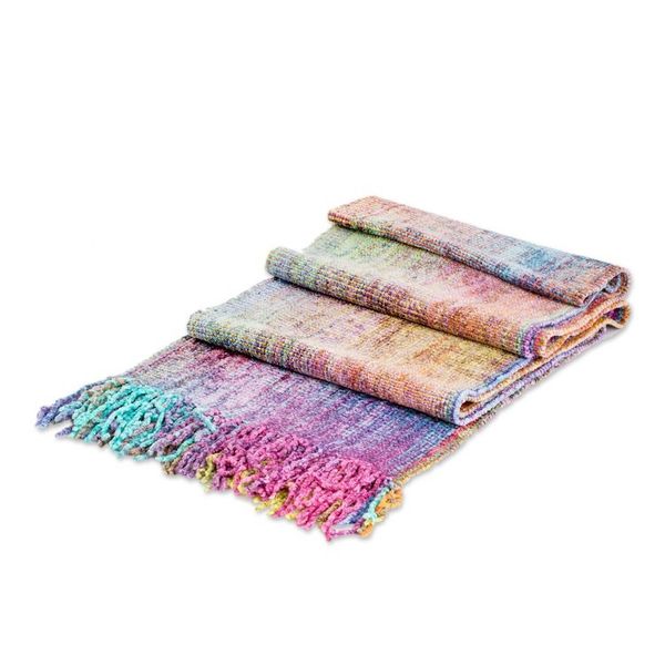Alternate image for Handloomed Pastel-Toned Rayon Chenille Scarf with Fringes Pastel Dream