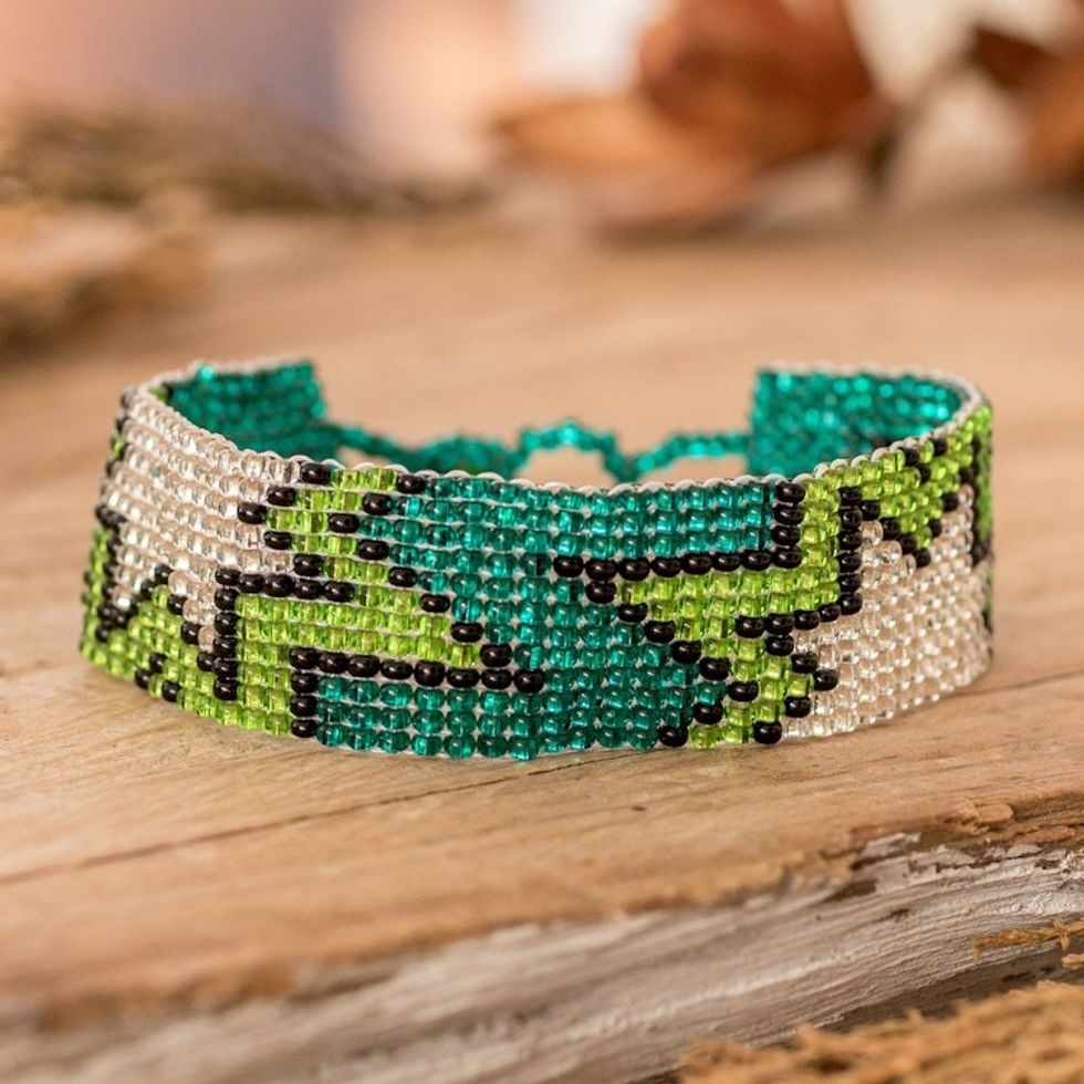 Starry Turquoise and Green Glass Beaded Wristband Bracelet 'Island Blast'