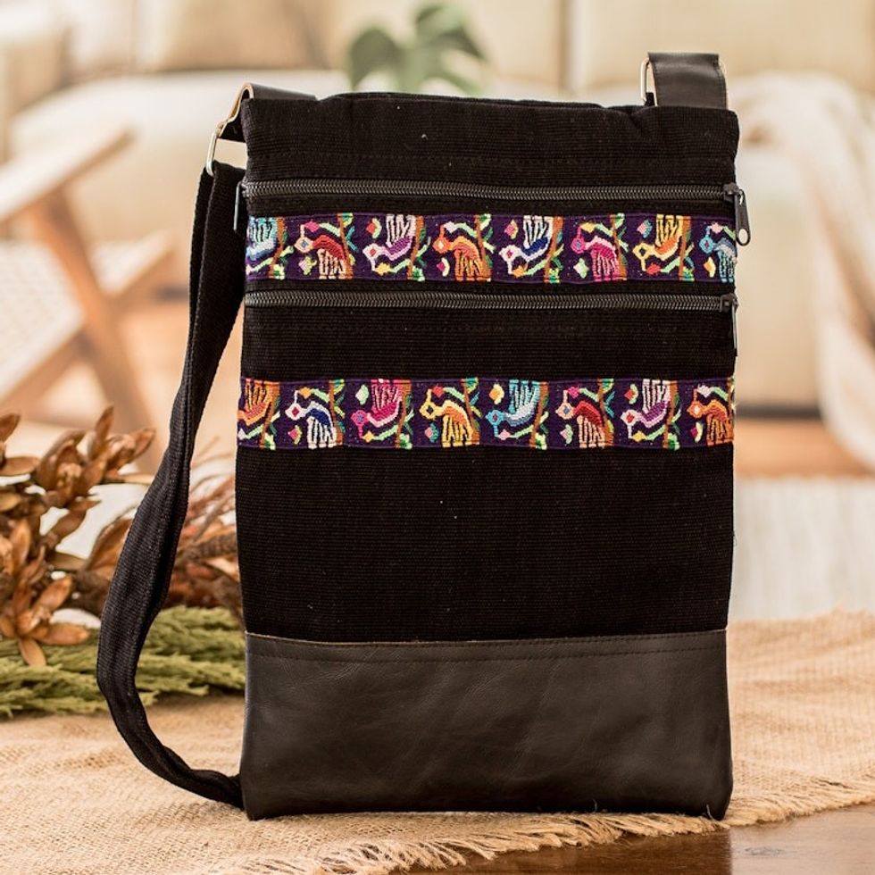 Bird-Themed Leather-Accented Cotton Sling Bag in Black 'Avian Night'
