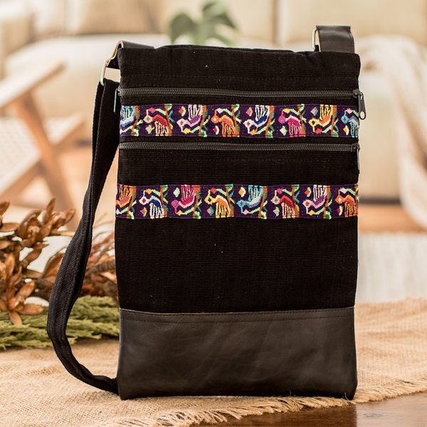 Alternate image for Bird-Themed Leather-Accented Cotton Sling Bag in Black Avian Night