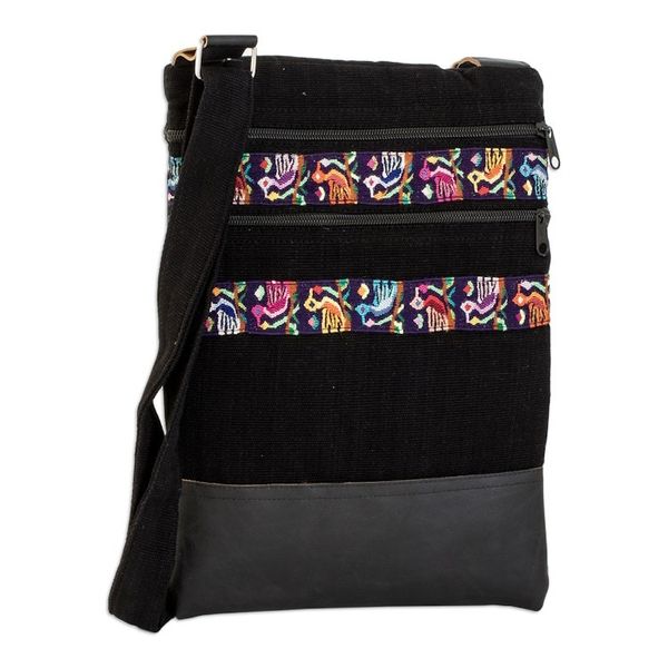 Alternate image for Bird-Themed Leather-Accented Cotton Sling Bag in Black Avian Night