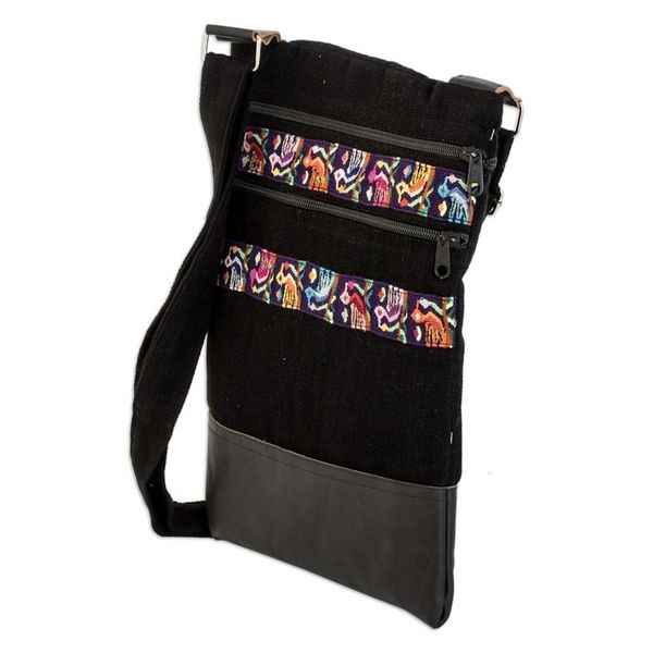 Alternate image for Bird-Themed Leather-Accented Cotton Sling Bag in Black Avian Night
