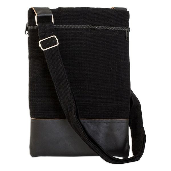 Alternate image for Bird-Themed Leather-Accented Cotton Sling Bag in Black Avian Night