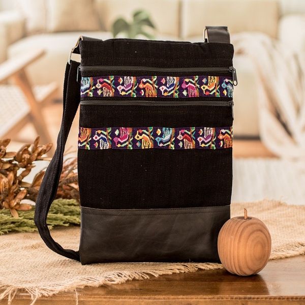 Alternate image for Bird-Themed Leather-Accented Cotton Sling Bag in Black Avian Night