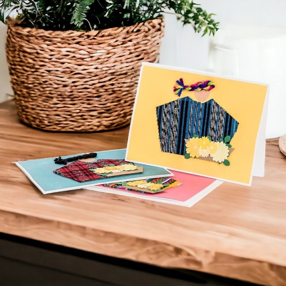 Set of Three Greeting Cards with Hand-Woven Cotton Accents 'Happiness for All'