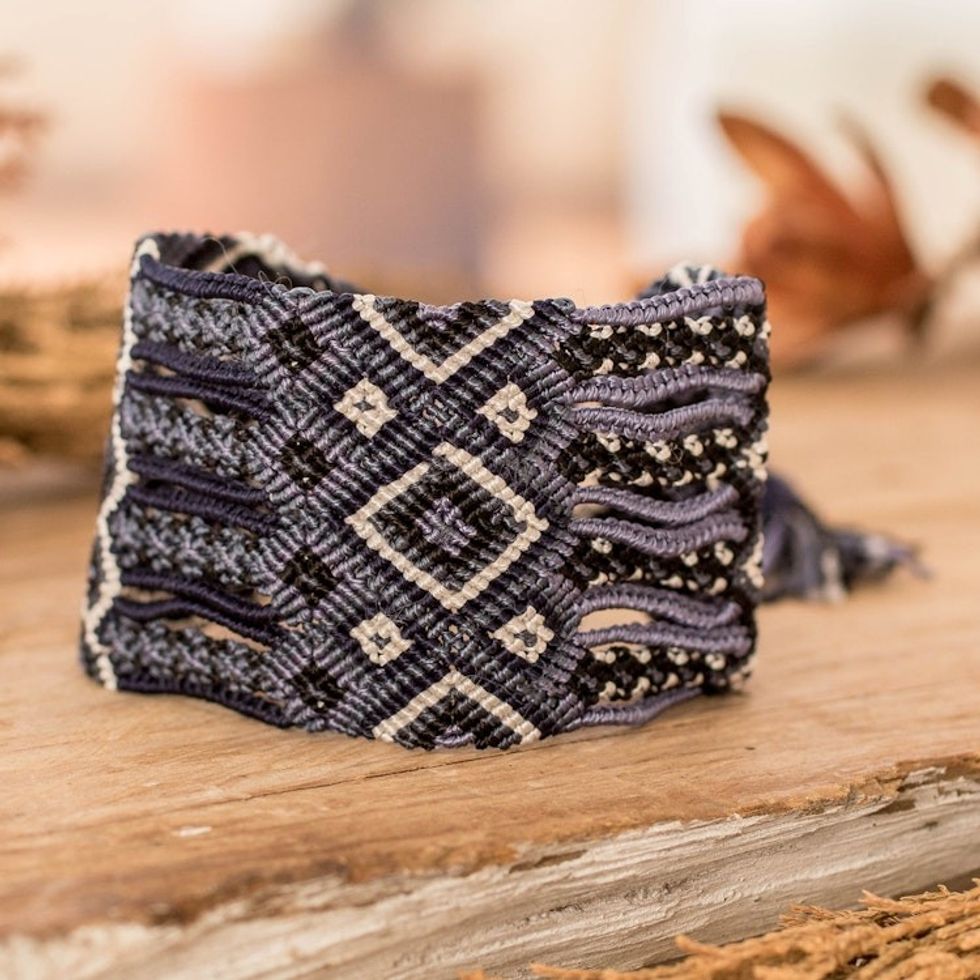 Artisan-Made Folk Art-Themed Grey Macrame Wristband Bracelet 'Grey Jewel'