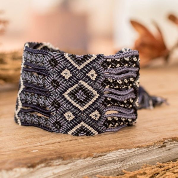 Alternate image for Artisan-Made Folk Art-Themed Grey Macrame Wristband Bracelet Grey Jewel