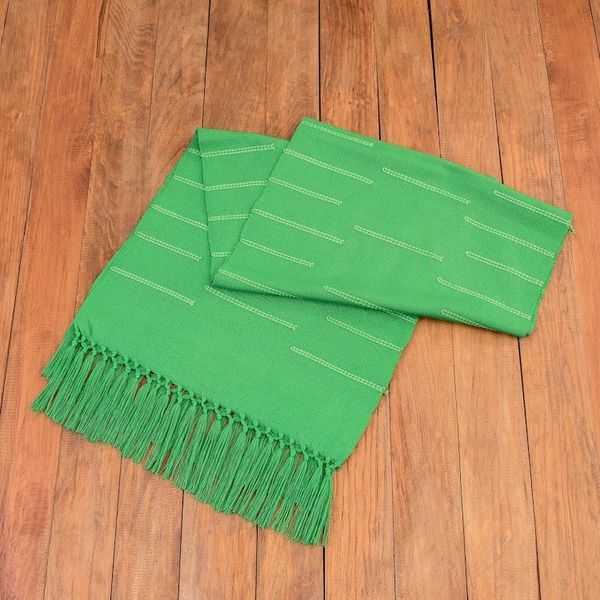 Alternate image for Handwoven Green Cotton Table Runner with Stripes Fringes Forest Victory