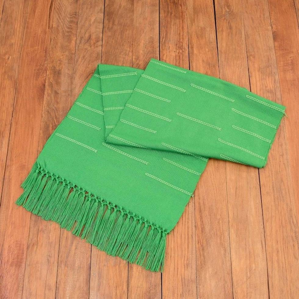 Handwoven Green Cotton Table Runner with Stripes Fringes 'Forest Victory'