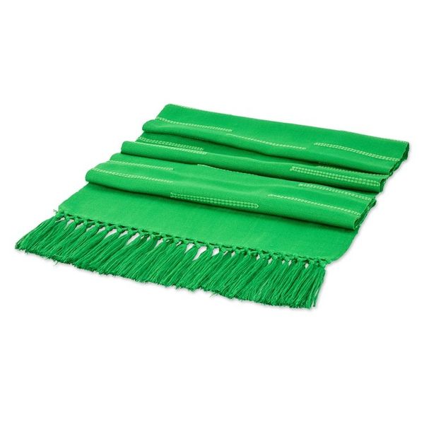 Alternate image for Handwoven Green Cotton Table Runner with Stripes Fringes Forest Victory