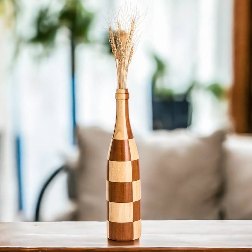 Bottle-Shaped Mahogany and Palo Blanco Wood Decorative Vase 'Sylvan Elegance'