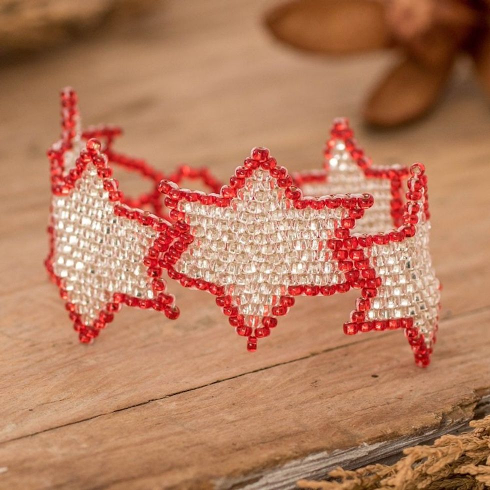 Red and Silver-Hued Star Beaded Bracelet from Guatemala 'Silver Starlight'