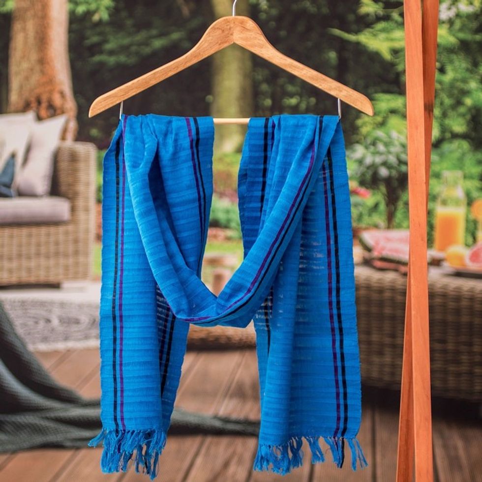Artisan-Made Blue 100 Cotton Fringed Scarf from Guatemala 'Breeze of Atitln'