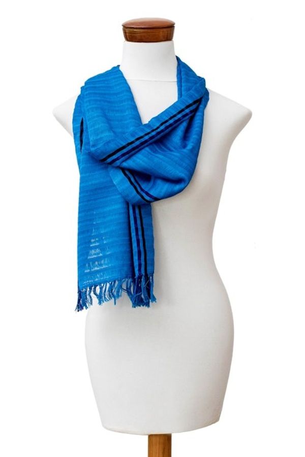 Alternate image for Artisan-Made Blue 100 Cotton Fringed Scarf from Guatemala Breeze of Atitln