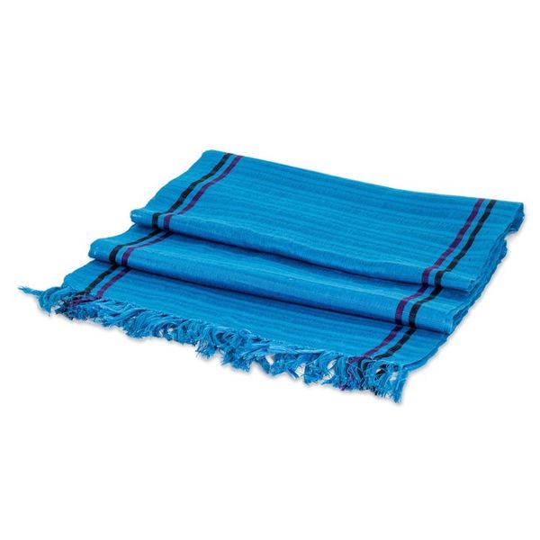 Alternate image for Artisan-Made Blue 100 Cotton Fringed Scarf from Guatemala Breeze of Atitln