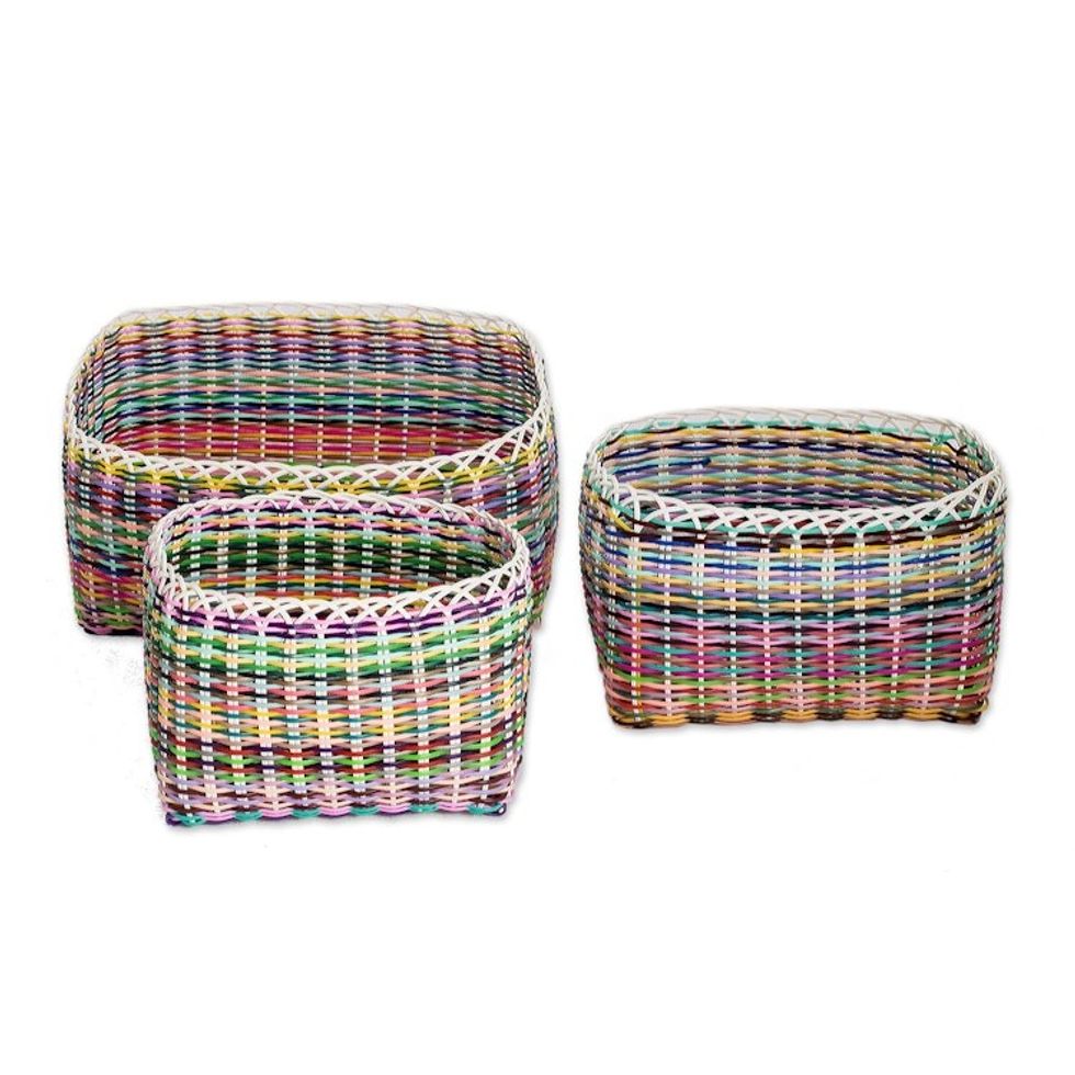 Set of 3 Eco-Friendly Handwoven Colorful Nesting Baskets 'Sustainable Organization'