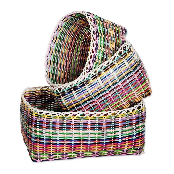 Alternate image for Set of 3 Eco-Friendly Handwoven Colorful Nesting Baskets Sustainable Organization