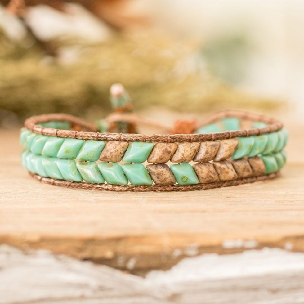 Handcrafted Green and Brown Glass Beaded Wristband Bracelet 'Paradisial Current'