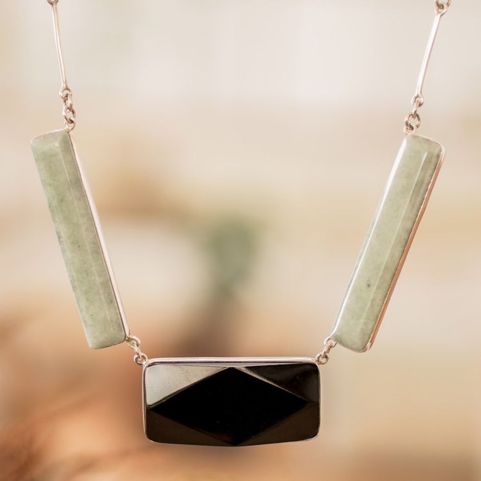 Modern Green and Dark Jade Link Necklace from Guatemala 'Geometric Grandeur'