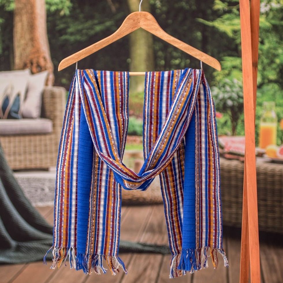 Handloomed Striped and Fringed Cotton Scarf from Guatemala 'Paths of Atitln'