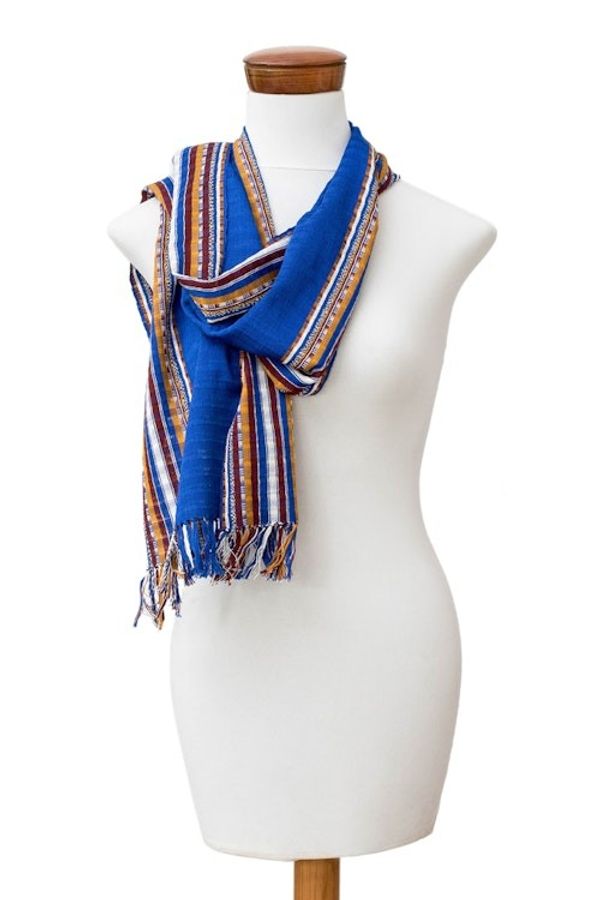 Alternate image for Handloomed Striped and Fringed Cotton Scarf from Guatemala Paths of Atitln