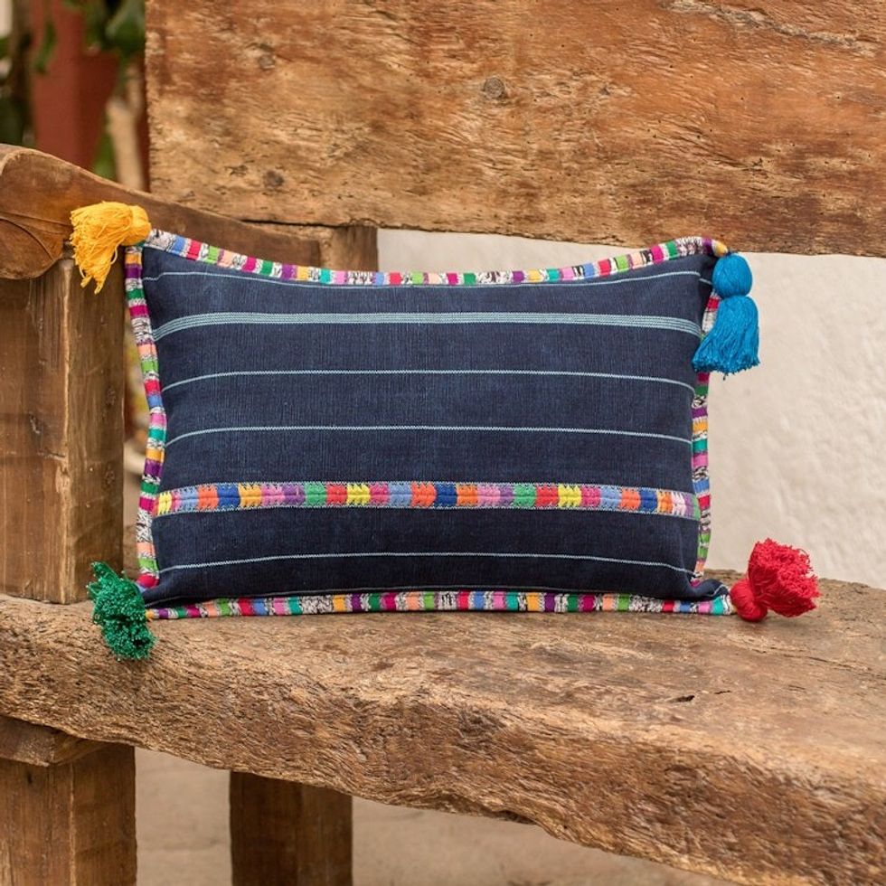 Handwoven Rectangular Blue Cotton Cushion Cover with Tassels 'Everlasting Spring'