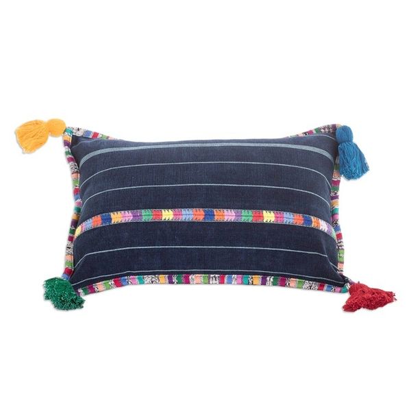 Alternate image for Handwoven Rectangular Blue Cotton Cushion Cover with Tassels Everlasting Spring