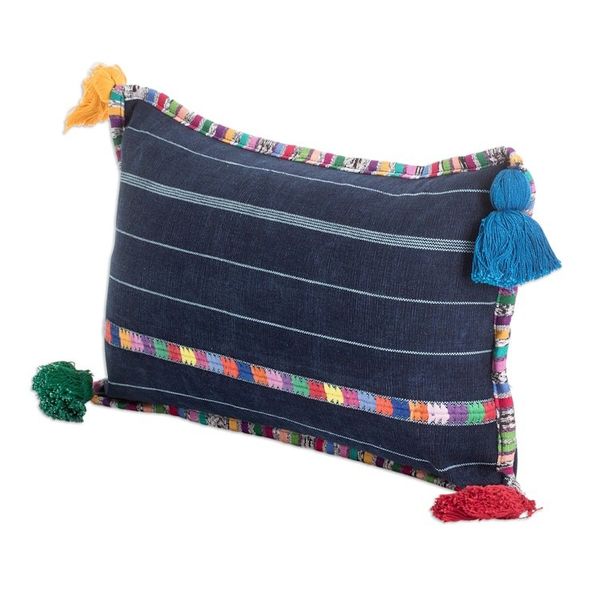 Alternate image for Handwoven Rectangular Blue Cotton Cushion Cover with Tassels Everlasting Spring