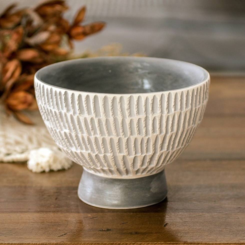 Guatemalan Handcrafted Textured Ivory and Grey Ceramic Vase 'Harmonious Symphony in Grey'