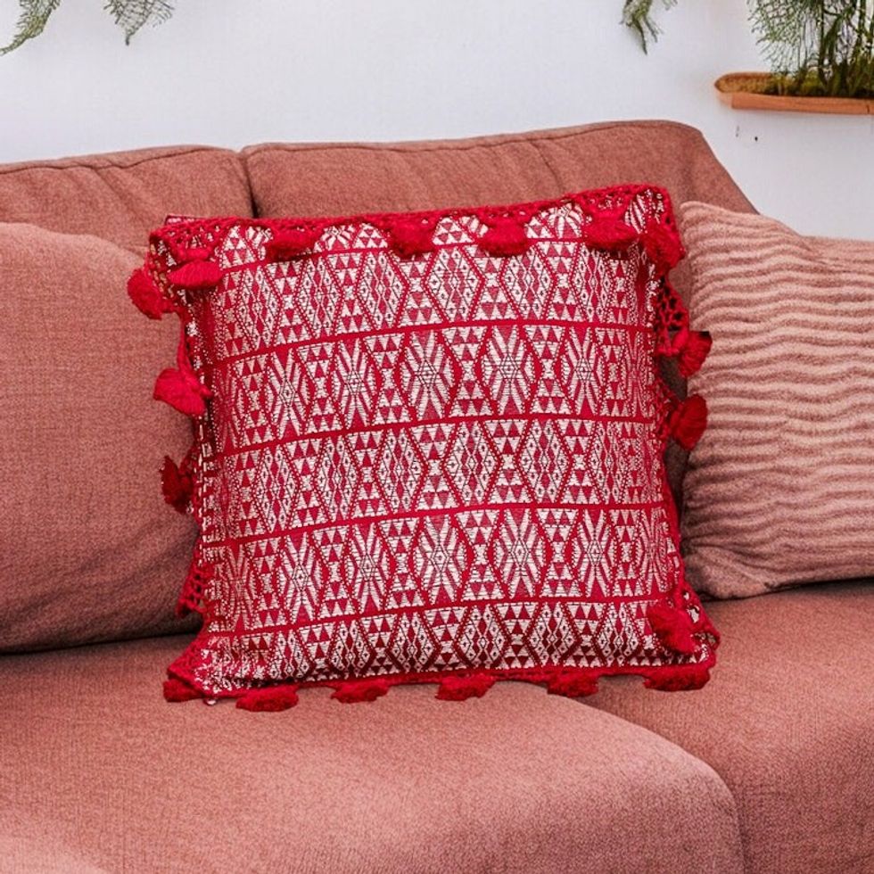 Handwoven Geometric Cotton Cushion Cover in Red and White 'Traditional Motifs in Red'