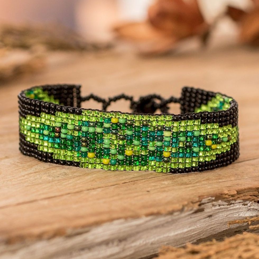 Glass Beaded Wristband Bracelet in Green and Black Hues 'Sylvan Harmony'