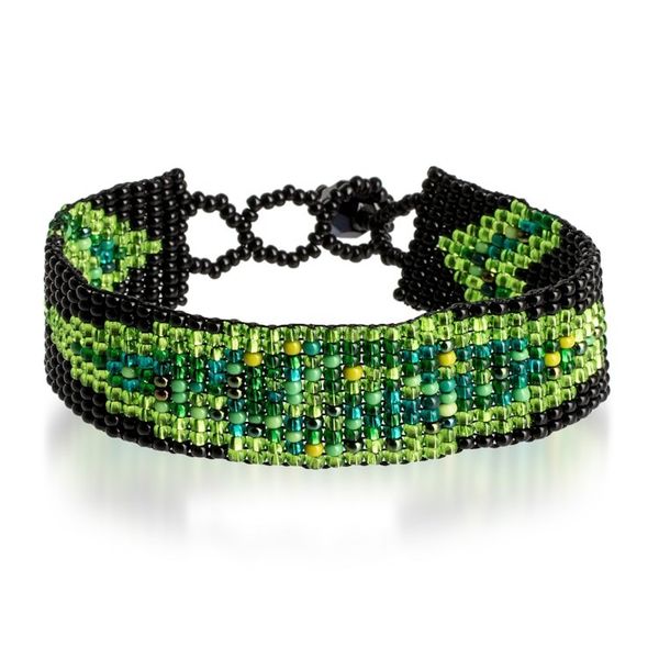 Alternate image for Glass Beaded Wristband Bracelet in Green and Black Hues Sylvan Harmony