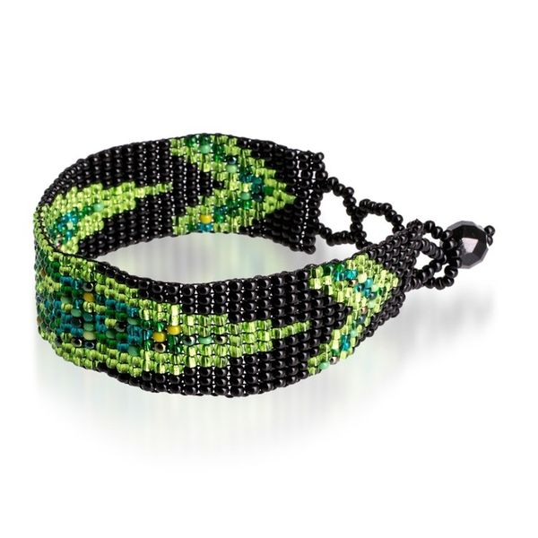 Alternate image for Glass Beaded Wristband Bracelet in Green and Black Hues Sylvan Harmony