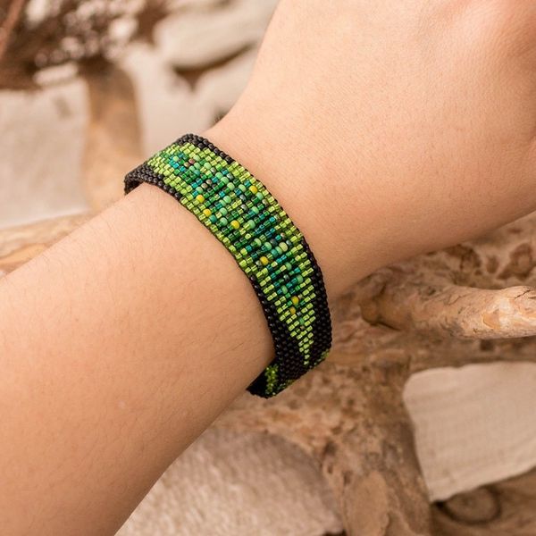 Alternate image for Glass Beaded Wristband Bracelet in Green and Black Hues Sylvan Harmony