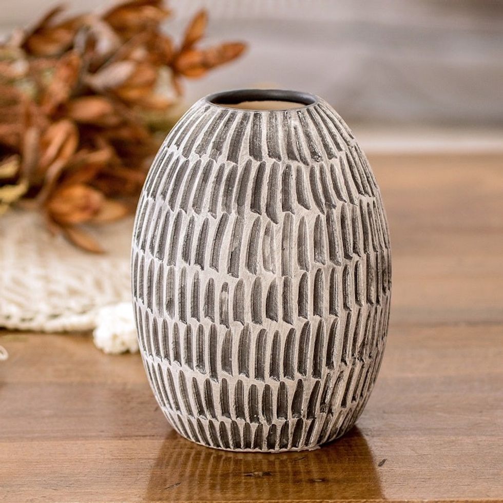 Modern Textured Ceramic Vase Hand-Painted in Guatemala 'Dreams of Nature in Black'