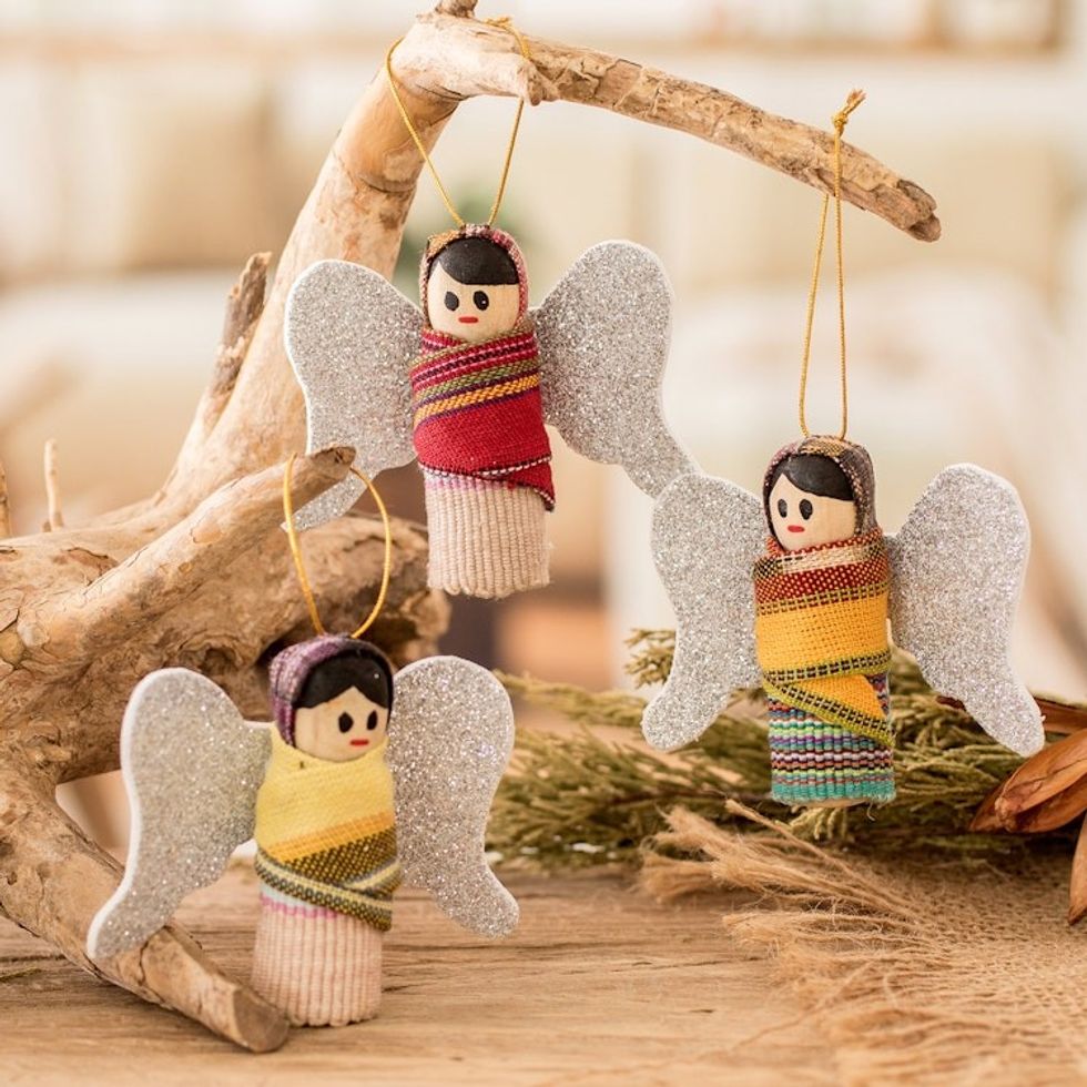 Angel Worry Doll-Themed Wood and Cotton Ornaments Set of 3 'Worry-Free Christmas'