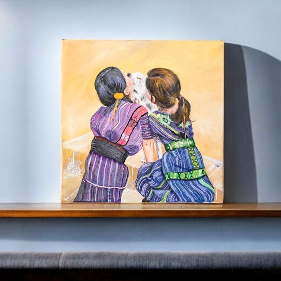 Guatemalan Girls with Dog Painting with Pompoms and Beads 'Eternal Love'