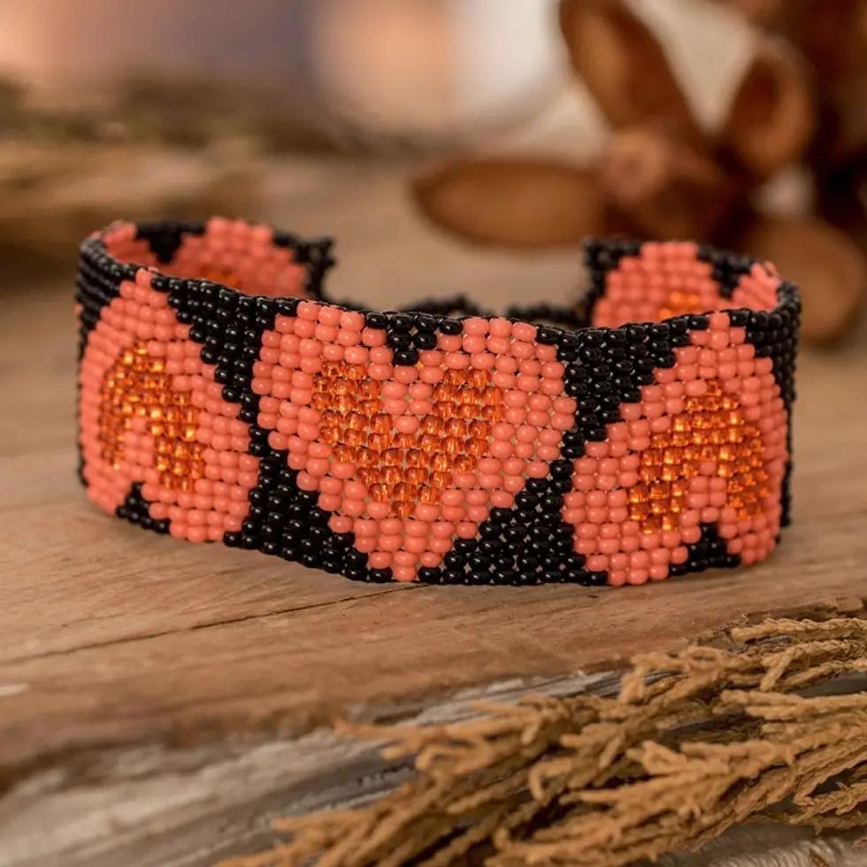 Handmade Black Pink Orange Beaded Heart Wristband Bracelet 'Pink Queen of Hearts'