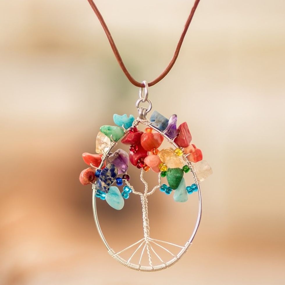 Tree-Themed Oval Multi-Gemstone Pendant Necklace 'Forest in Rainbow'