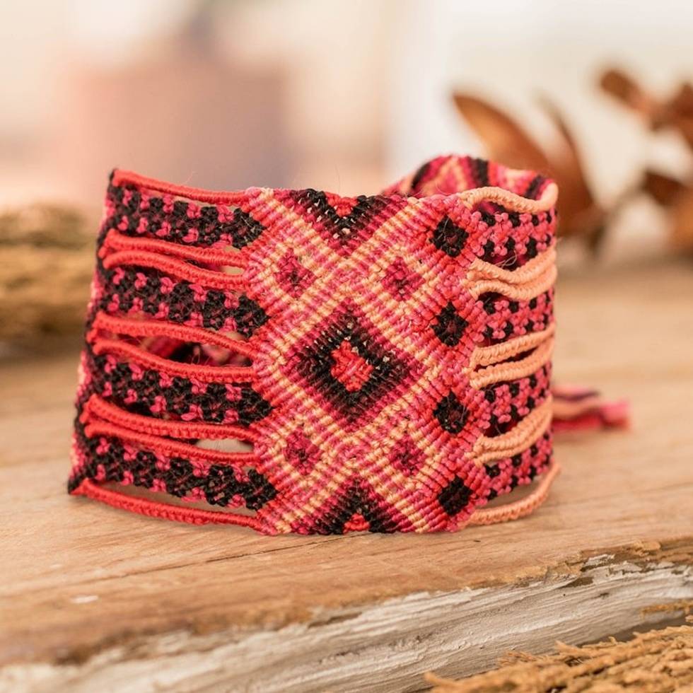 Handwoven Folk Art-Themed Red Macrame Wristband Bracelet 'Red Jewel'