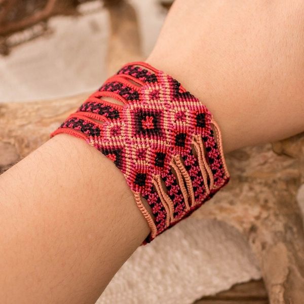 Alternate image for Handwoven Folk Art-Themed Red Macrame Wristband Bracelet Red Jewel