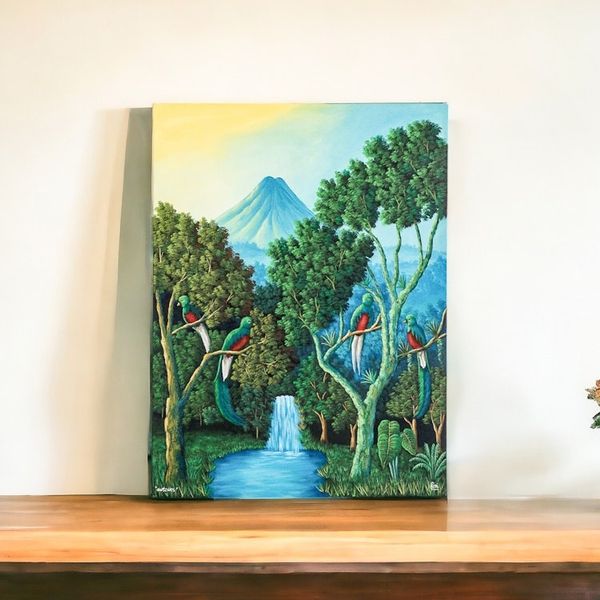 Alternate image for Signed Impressionist Oil on Canvas Quetzal Bird Painting Guatemalan National Bird