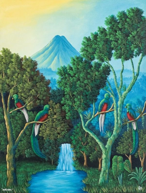 Alternate image for Signed Impressionist Oil on Canvas Quetzal Bird Painting Guatemalan National Bird