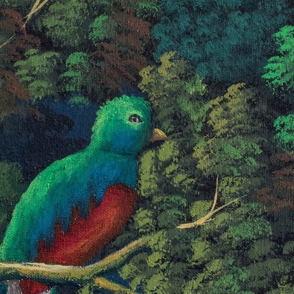 Alternate image for Signed Impressionist Oil on Canvas Quetzal Bird Painting Guatemalan National Bird