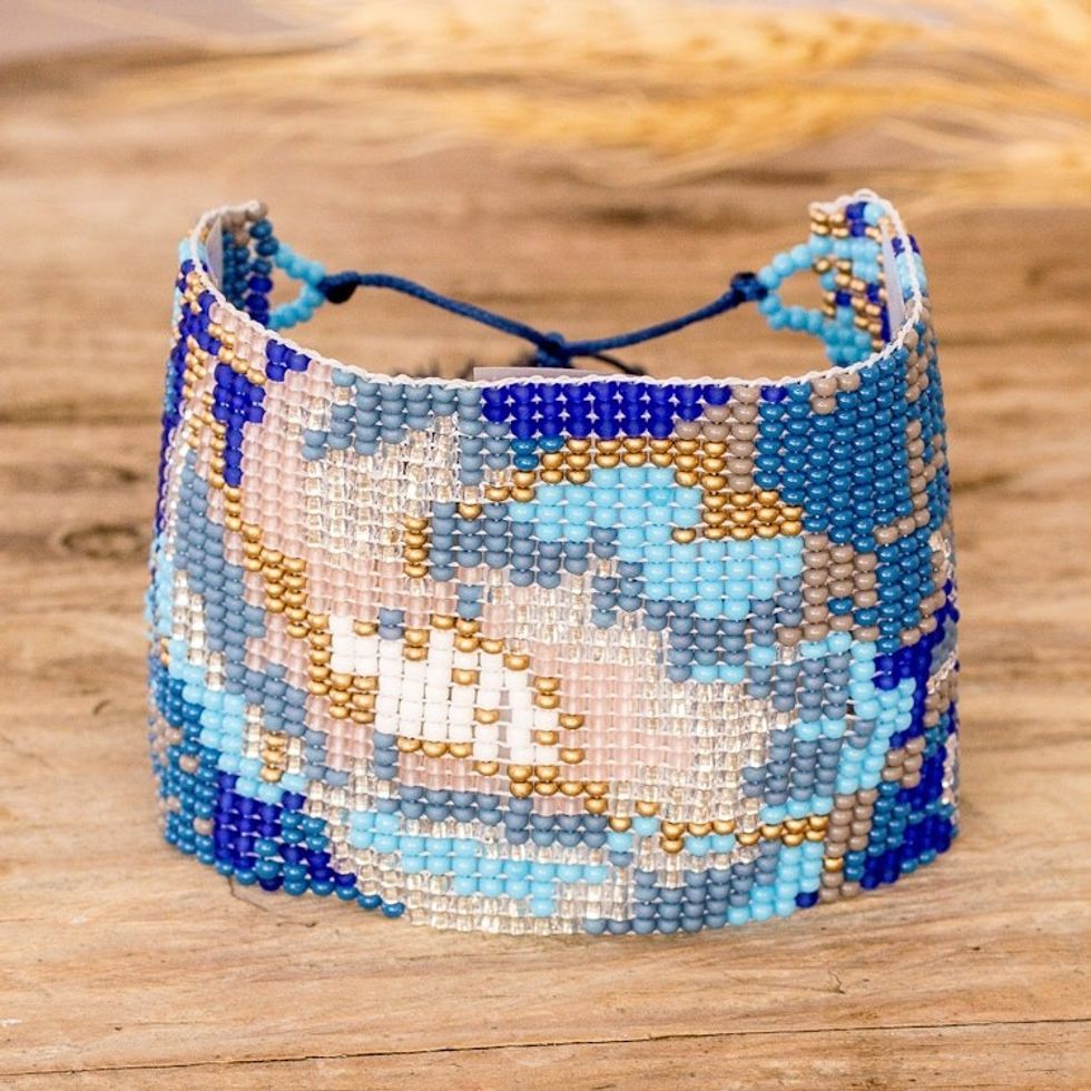 Adjustable Blue and Beige Glass Beaded Wristband Bracelet 'Serene Winds'